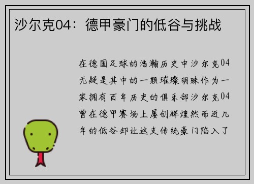 沙尔克04：德甲豪门的低谷与挑战