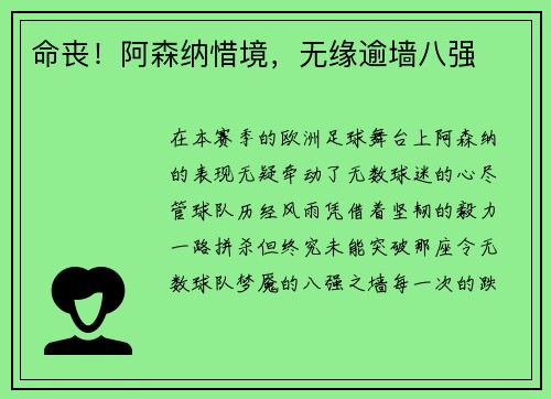 命丧！阿森纳惜境，无缘逾墙八强