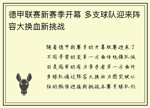 德甲联赛新赛季开幕 多支球队迎来阵容大换血新挑战