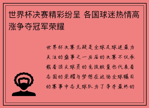 世界杯决赛精彩纷呈 各国球迷热情高涨争夺冠军荣耀