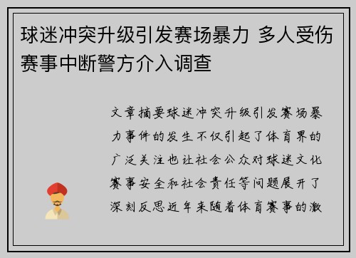 球迷冲突升级引发赛场暴力 多人受伤赛事中断警方介入调查