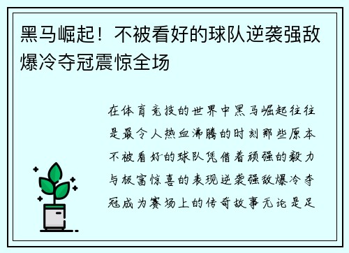 黑马崛起！不被看好的球队逆袭强敌爆冷夺冠震惊全场