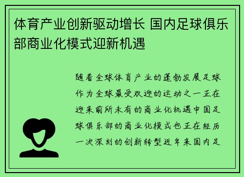 体育产业创新驱动增长 国内足球俱乐部商业化模式迎新机遇